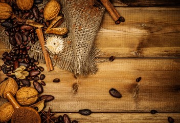 Coffee theme still-life with copy-space on wooden table