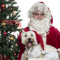 Close-up of Santa Claus holding a lapdog, isolated on white