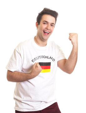 Cheering german sports fan with black hair