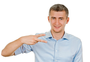 young man shows sign and symbol by hands on white background