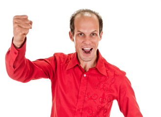 young man shows sign and symbol by hands on white background