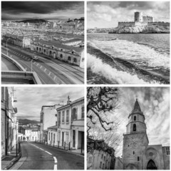 Collage of the sights of Marseille. Black-and-white image.
