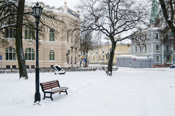 The park brought by a snow in the center of Riga