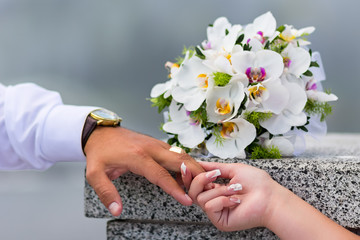 rings on hands of young couple in love