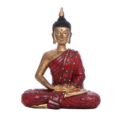 Buddha Figur isoliert auf Weiß in Rot mit Gold