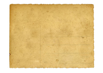 Back side of an antique post card isolated on white. Scan.