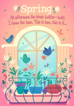 Spring is outside of window. Vector illustration.