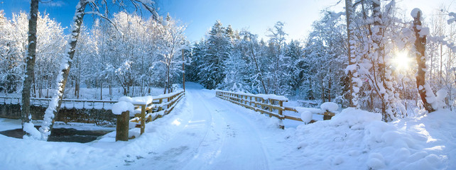 Panoramic view to bridge in winter