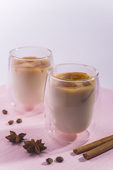 Spiced milk with coffee ice cubes