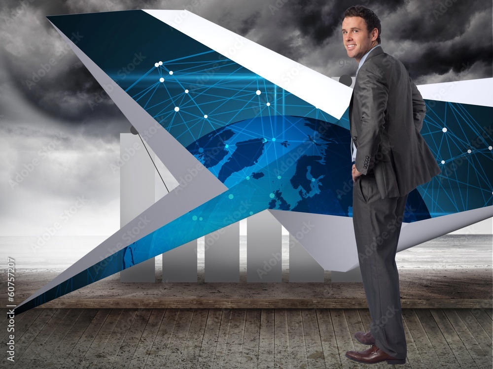 Poster composite image of smiling businessman with hands on hips