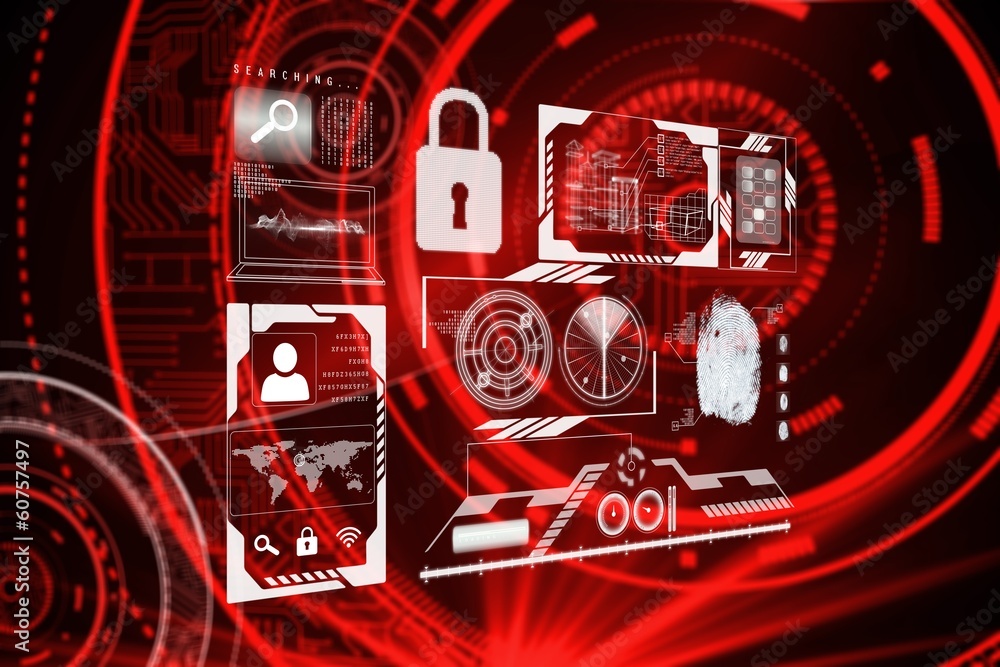 Poster Composite image of shiny red circles on black background