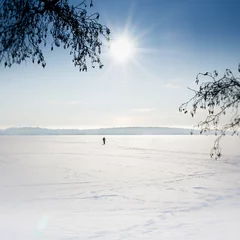 Fotobehang Landscape of frozen sea with skier on the ice. © jnelnea