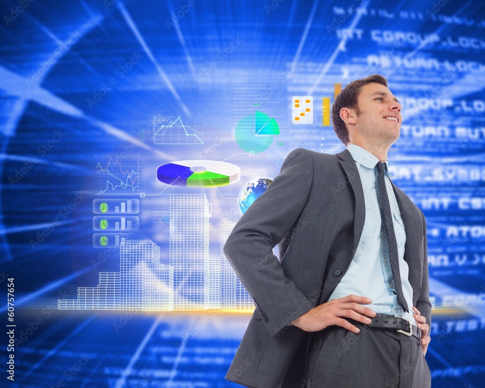 Poster composite image of cheerful businessman with hands on hips