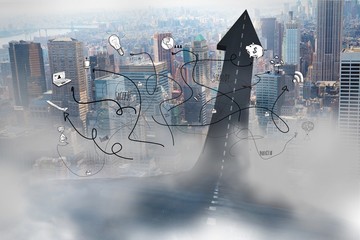 Composite image of road turning into arrow