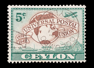 Mail stamp printed in Ceylon (now Sri Lanka), circa 1949