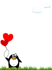 Penguin bird with heart shaped balloons, vector