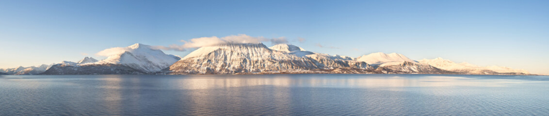 Hi-res panorama of Norwegian fjords into the sea. 1/4.7 Ratio