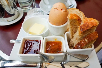 Breakfast with fruit jam.and egg on table