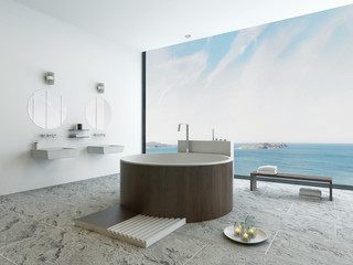 Design bathroom interior with modern round wooden bathtub