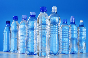 Composition with assorted plastic bottles of mineral water