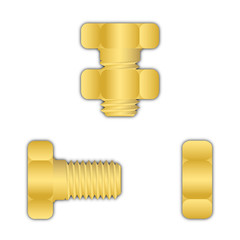 Yellow metal bolt or screw with screw nut