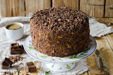 Sponge cake with cream and chocolate