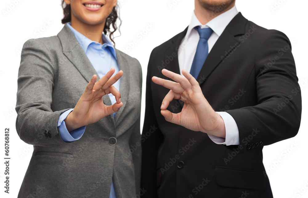 Sticker businessman and businesswoman showing ok sign