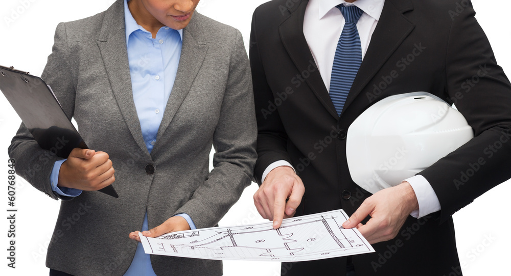 Poster businesspeople with blueprint and helmet