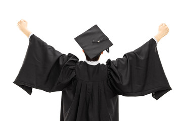 Graduate student in graduation gown with raised hands, rear view