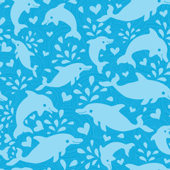 Fototapeta na wymiar vector fun blue dolphins seamless pattern background