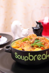 Beef goulash stew with vegetables, close up