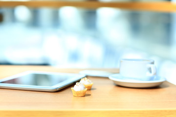 Coffee and pancakes and tablet PC