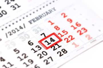 calendar with red mark on 14 February. Valentine's day