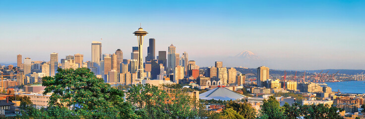 Seattle skyline panorama at sunset, Washington, USA - obrazy, fototapety, plakaty