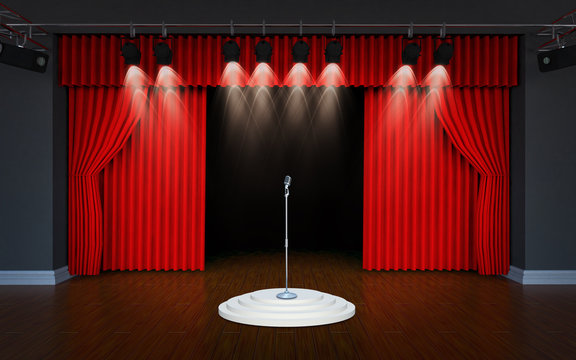 vintage microphone on Theater stage with curtains
