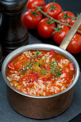 Spicy tomato soup with rice, vegetables and herbs in a saucepan
