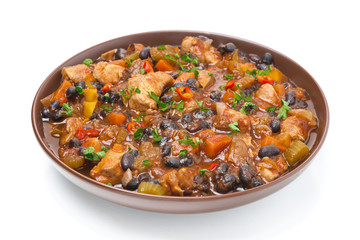stew with black beans, chili, chicken and vegetables, isolated