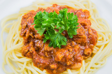 Spaghetti Bolognese on white plate
