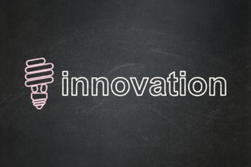 Obraz premium Finance concept: Energy Saving Lamp and Innovation on chalkboard