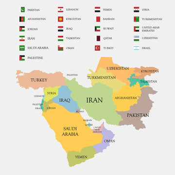 Middle East map and flags vector illustration