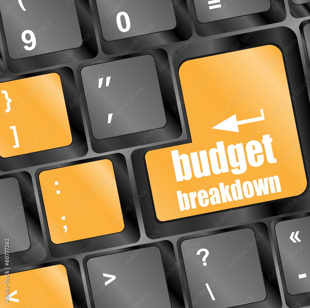 Poster budget breakdown words on computer pc keyboard keys