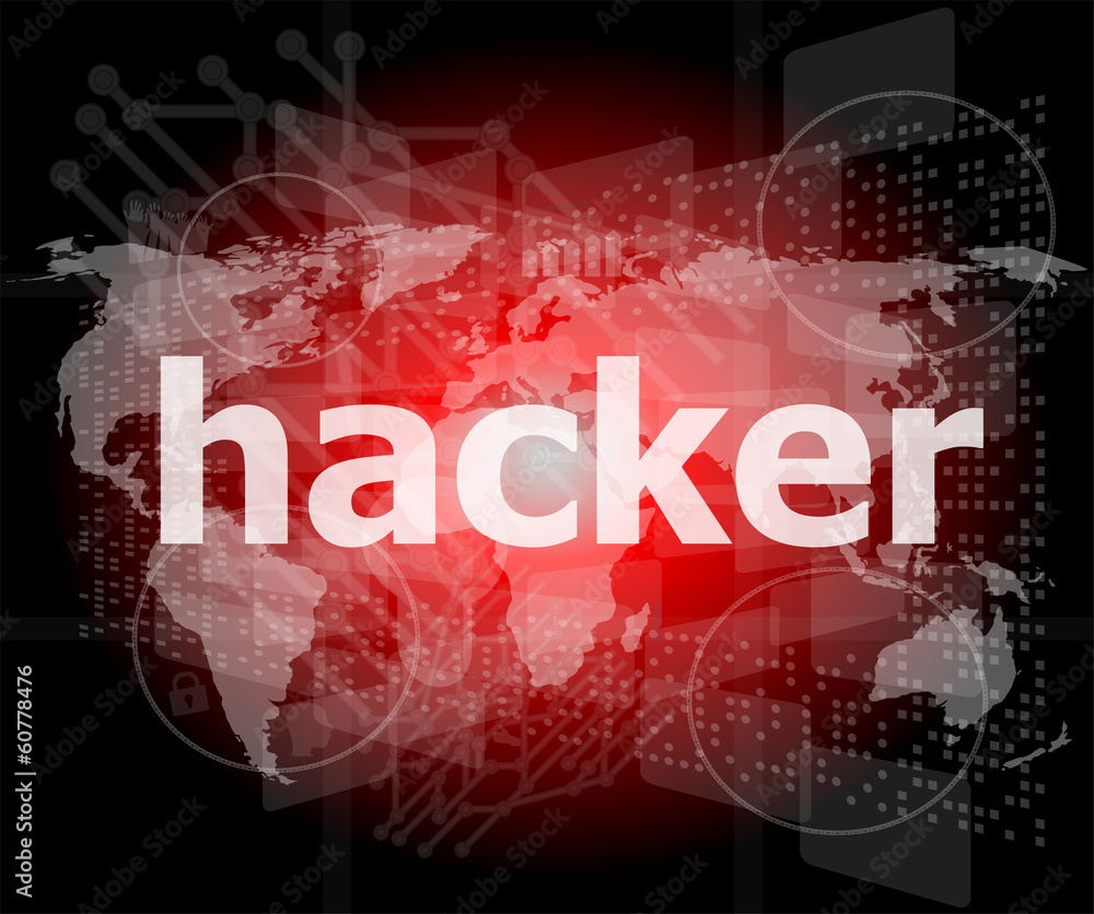 Poster privacy concept: words hacker on digital background