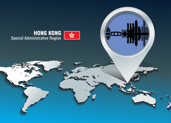 Naklejka premium Map pin with Hong Kong skyline