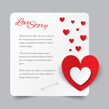 Red paper heart Valentines day card. Love story.