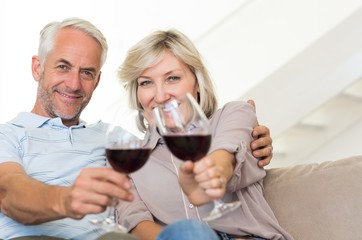 Smiling mature couple with wine glasses sitting on sofa
