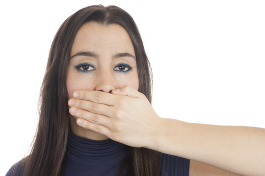 Woman voiceless looking at camera