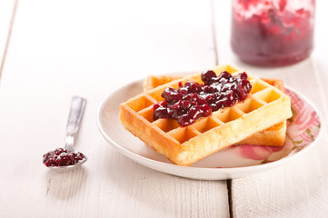 waffles with jam, on the boards