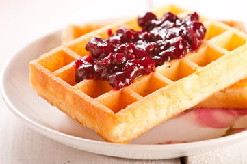 waffles with jam, on the boards