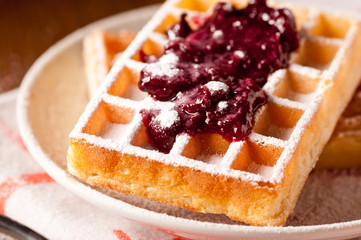 waffles with jam, on the boards