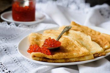 red caviar with pancakes